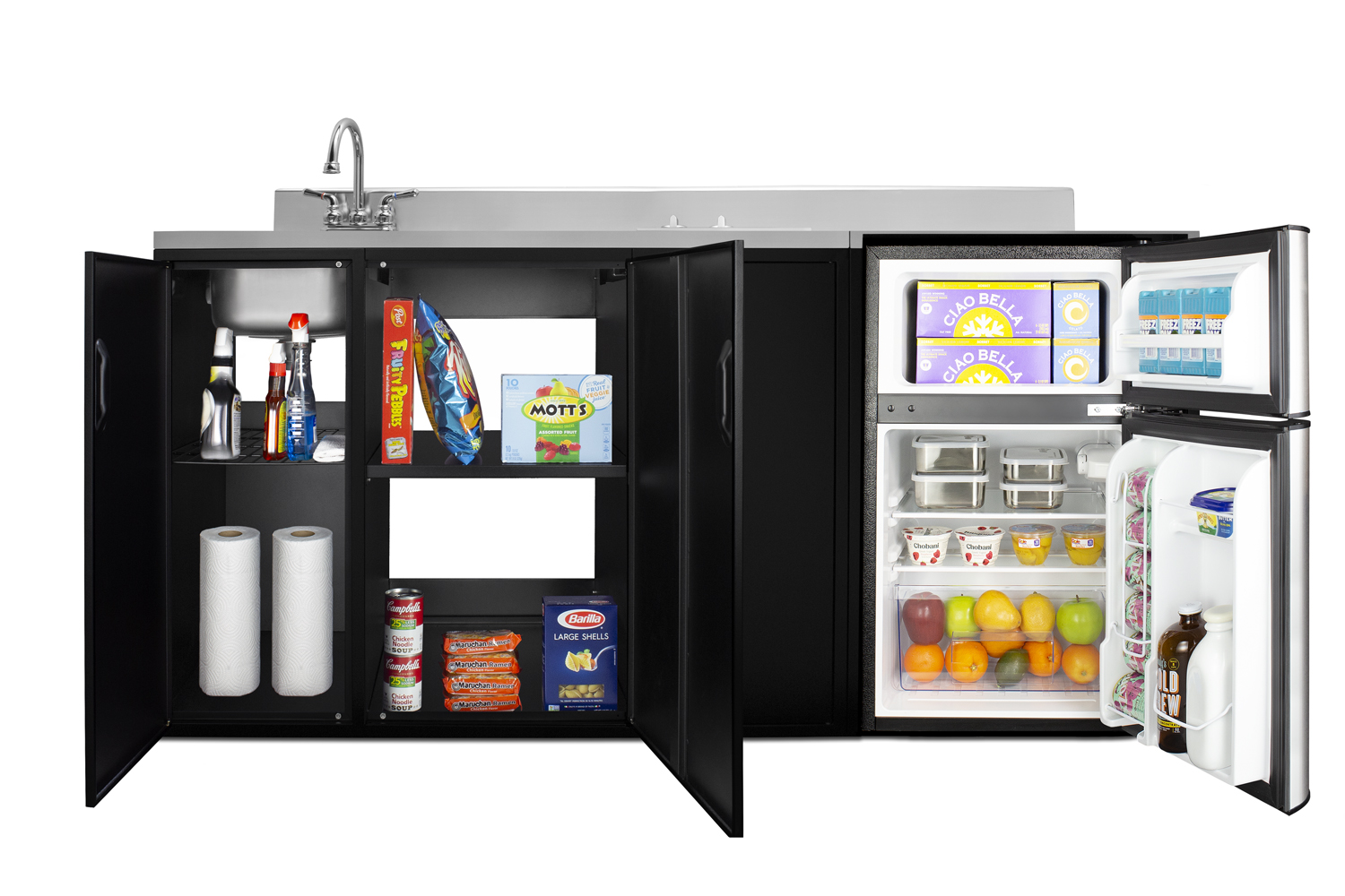 72 inch wide, ADA counter height all-in-one kitchenette in black with a 2-burner 115V smooth top cooktop, 2-door refrigerator-freezer, sink, and three storage cabinets